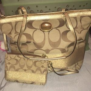 Coach Brown and Gold Bag with Matching Coin Purse
